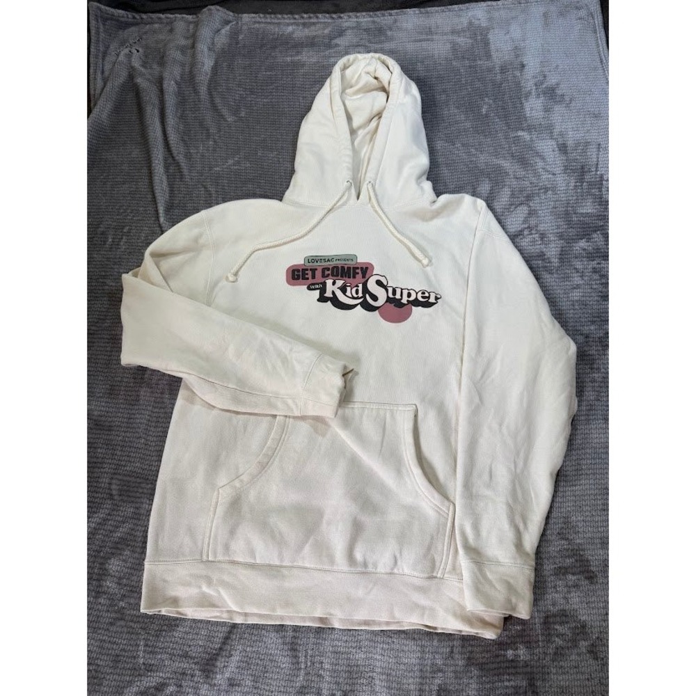 Lovesac x KidSuper Get Comfy Hoodie Mens L Cream Graphic Sweatshirt Streetwear